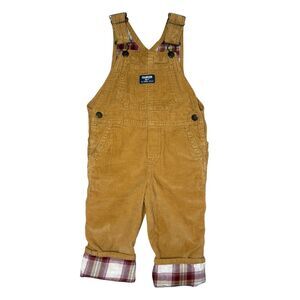 OshKosh B’Gosh Toddler Boys 3T Corduroy Bob Overalls Tan Lined Plaid